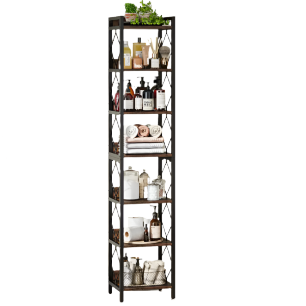 Aplusliving-Narrow Bookshelf Rustic Brown 78.7 Inch 7 Tier Open Storage Industrial