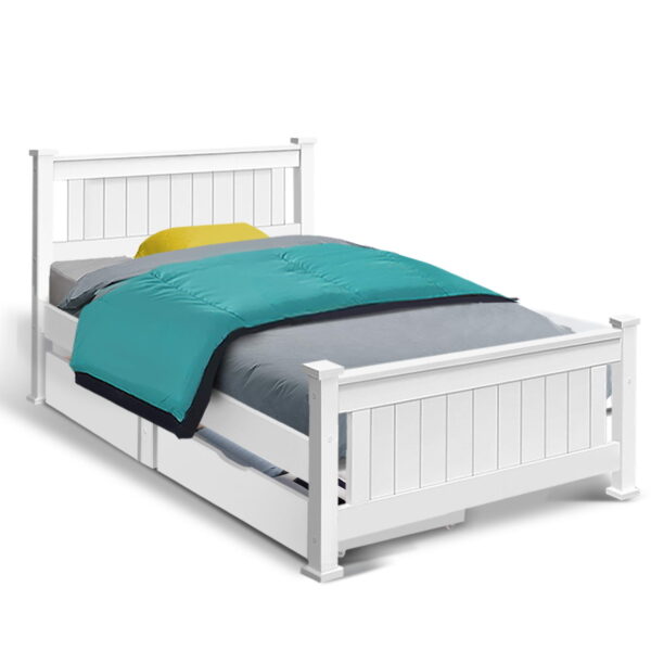 Aplusliving-Single Size Wooden Bed Frame with Two Storage Drawers Eco Friendly White Paint S