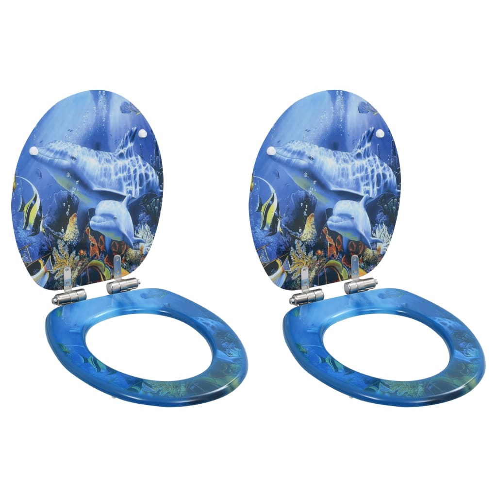 Aplusliving-WC Toilet Seats 2 pcs with Soft Close Lids MDF Dolphins Design
