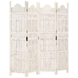 Aplusliving-Hand carved 4-Panel Room Divider White 160x165 cm Solid Mango Wood