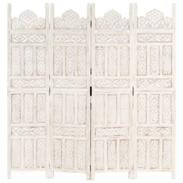Aplusliving-Hand carved 4-Panel Room Divider White 160x165 cm Solid Mango Wood