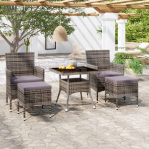 Aplusliving-5 Piece Garden Dining Set Poly Rattan and Tempered Glass Grey