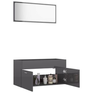 Aplusliving-2 Piece Bathroom Furniture Set High Gloss Grey Engineered Wood