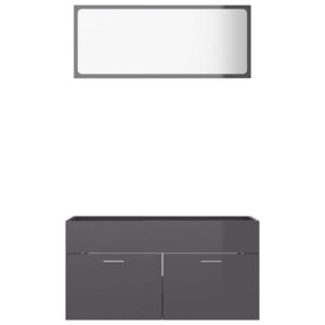 Aplusliving-2 Piece Bathroom Furniture Set High Gloss Grey Engineered Wood