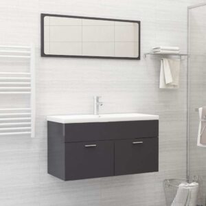 Aplusliving-2 Piece Bathroom Furniture Set High Gloss Grey Engineered Wood