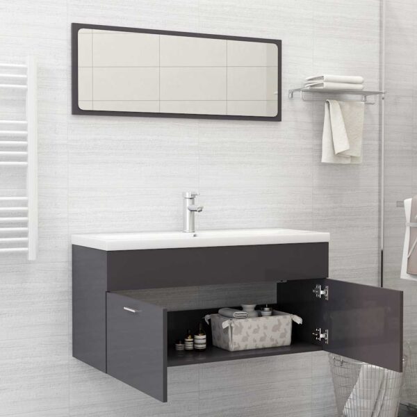 Aplusliving-2 Piece Bathroom Furniture Set High Gloss Grey Engineered Wood