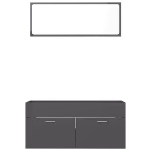 Aplusliving-2 Piece Bathroom Furniture Set High Gloss Grey Engineered Wood