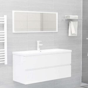 Aplusliving-2 Piece Bathroom Furniture Set High Gloss White Engineered Wood