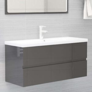 Aplusliving-2 Piece Bathroom Furniture Set High Gloss Grey Engineered Wood