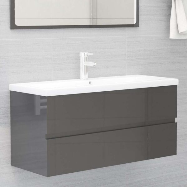 Aplusliving-2 Piece Bathroom Furniture Set High Gloss Grey Engineered Wood