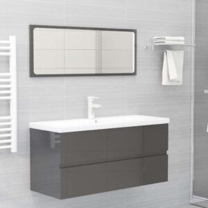 Aplusliving-2 Piece Bathroom Furniture Set High Gloss Grey Engineered Wood