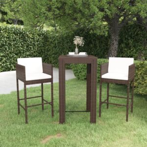 Aplusliving-3 Piece Garden Bar Set with Cushions Poly Rattan Brown