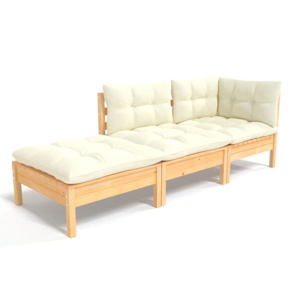 Aplusliving-3 Piece Garden Lounge Set with Cream Cushions Solid Wood Pine