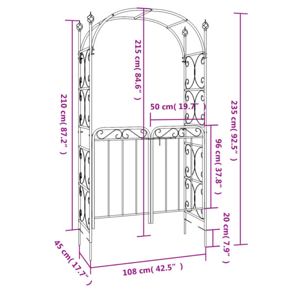 Aplusliving-Garden Arch with Gate Black 108x45x235 cm Steel