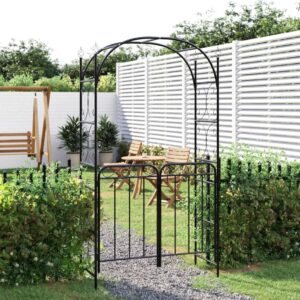 Aplusliving-Garden Arch with Gate Black 108x45x235 cm Steel