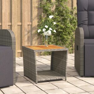 Aplusliving-Tea Table with Wooden Top Grey Poly Rattan&Solid Wood Acacia