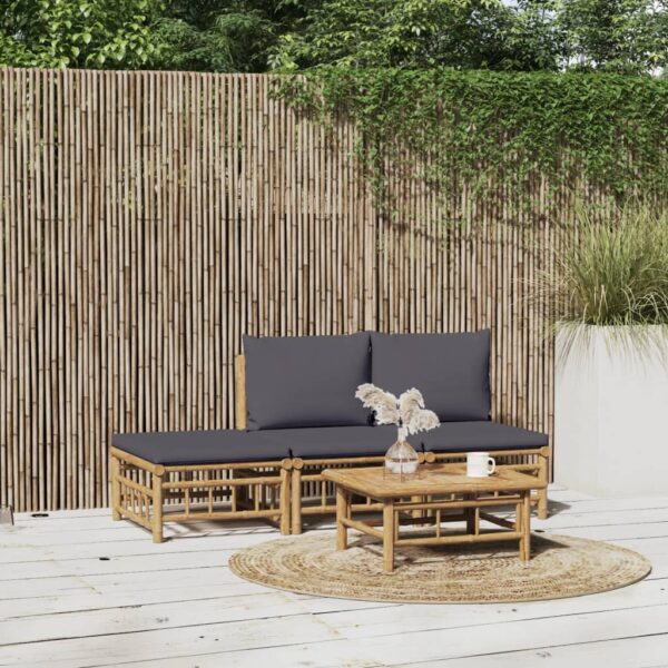 Aplusliving-4 Piece Garden Lounge Set with Dark Grey Cushions  Bamboo