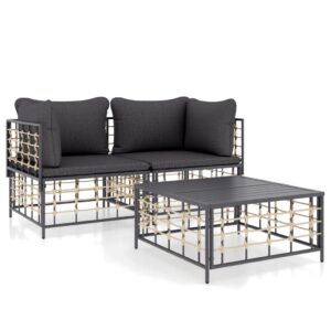Aplusliving-3 Piece Garden Lounge Set with Cushions Anthracite Poly Rattan