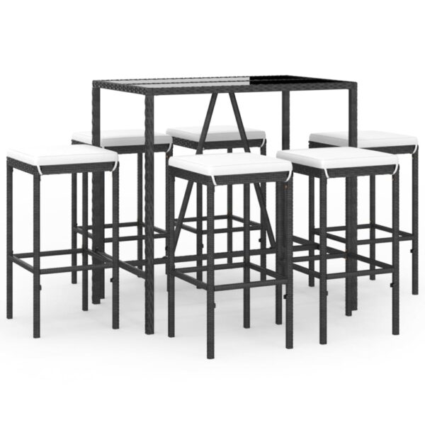 Aplusliving-7 Piece Garden Bar Set with Cushions Black Poly Rattan