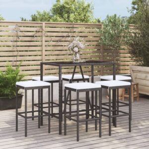 Aplusliving-7 Piece Garden Bar Set with Cushions Black Poly Rattan