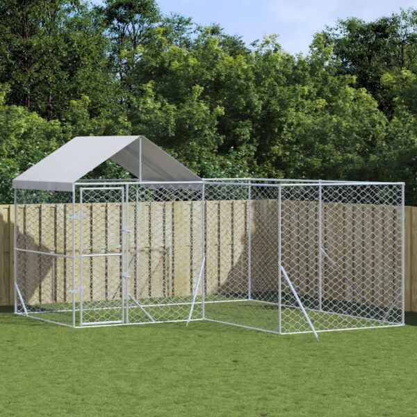Aplusliving-Outdoor Dog Kennel with Roof Silver 4x4x2.5 m Galvanised Steel