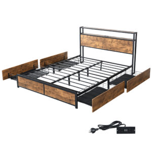 Aplusliving-Queen Bed Frame RGB LED 4 Drawers USB