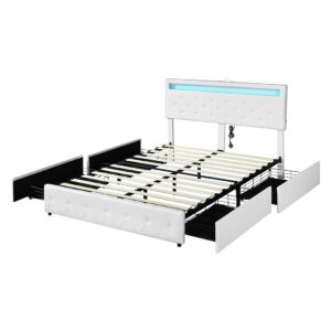 Aplusliving-Queen Bed Frame RGB LED PU 4 Drawer USB