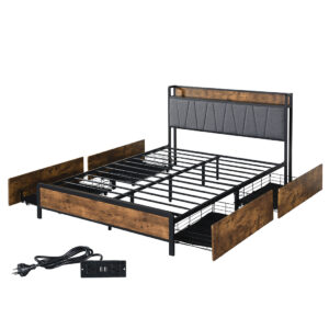 Aplusliving-Queen Bed Frame Soft Storage Drawers Headboard USB Charge